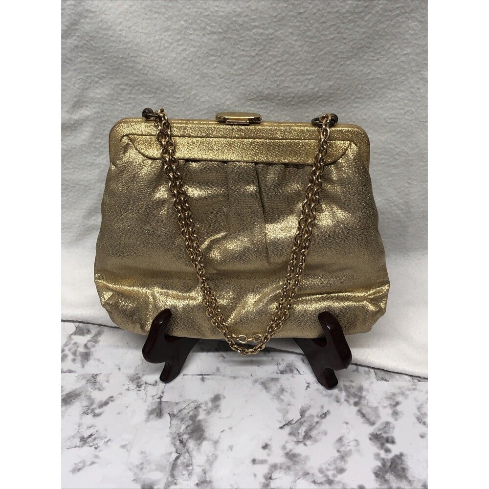 Vintage Gold Metallic Evening Purse Chain Strap Retro Glam Clutch Old Hollywood